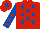 Silk - Red, royal blue stars, royal blue sleeves, red stars, red cap, royal blue star