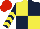 Silk - Yellow and dark blue (quartered), dark blue and yellow chevrons on sleeves, red cap