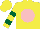 Silk - Yellow, pink ball, dark green bars on sleeves