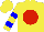 Silk - Yellow, red ball, red and blue bars on yellow sleeves, yellow cap