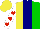 Silk - yellow and green halved, navy stripe, red hearts on white sleeves