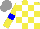 Silk - Yellow and white checks, blue armlets, grey cap