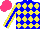 Silk - blue, yellow diamonds, sleeves,  blue stripe, blue cap, hot pink cap