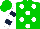 Silk - Green, white dots, dark blue bars on white sleeves, green cap