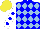 Silk - Blue and light blue diamonds, white sleeves with blue dots, yellow cap