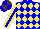 Silk - blue, yellow diamonds, sleeves, blue stripe, blue and brown quartered cap