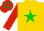 Silk - Gold, green star, red sleeves, red cap, emerald green stars