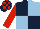 Silk - Dark blue and light blue (quartered), red sleeves, dark blue and red check cap