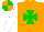 Silk - Orange, green maltese cross, white sleeves, orange and green quartered cap, white peak