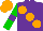 Silk - purple, large orange spots, green sleeves with purple armlets, orange cap