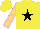Silk - Yellow, black star and 't & e racing', black and yellow diamonds on pink sleeves, pink star on yellow cap