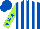 Silk - Royal blue and white vertical stripes, royal blue stars on lime green sleeves, royal blue cap