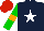 Silk - dark blue, white star, orange armbands on green sleeves, red cap