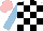 Silk - white and black checks, light blue sleeves, pink cap