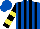 Silk - Royal blue, black stripes front and back, yellow horse on back, black and yellow bars on sleeves