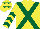 Silk - Yellow, dark green cross sashes, dark green chevrons on sleeves, dark green stars on yellow cap