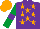 Silk - purple, orange stars, purple armbands on emerald green sleeves, orange cap