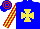 Silk - blue, yellow maltese cross, yellow and red striped sleeves, hooped cap