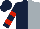 Silk - Dark blue and silver halves, red bars on dark blue sleeves