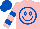 Silk - Pink, royal blue circle, smiley face, royal blue bars on sleeves, royal blue cap