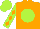 Silk - Florescent orange, black emblem on lime ball, florescent orange diamonds on lime sleeves, lime cap