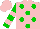 Silk - Pink, green dots, pink hoops on green sleeves, pink cap