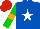 Silk - royal blue, white star,orange armbands on green sleeves, red cap