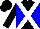 Silk - Black & blue diagonal quarters, white cross sashes, black sleeves & black cap