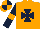 Silk - Orange, dark blue maltese cross, orange armlets, dark blue sleeves, quartered cap