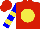 Silk - Red, yellow ball, yellow bars on blue sleeves, red cap