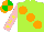 Silk - lime green, large orange spots, pink sleeves, yellow stars, orange and green quartered cap