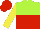 Silk - Lime green and red halved horizontally, yellow sleeves, red cap