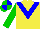 Silk - Yellow body, blue chevron, green arms, green cap, blue quartered