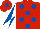 Silk - Red, royal blue spots, white and royal blue diabolo on sleeves, red cap, royal blue star