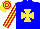 Silk - Blue,yellow maltese cross, yellow and red striped sleeves, yellow and red hooped cap