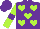 Silk - Purple, lime green hearts, purple band on lime green sleeves, purple cap
