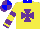 Silk - yellow, purple maltese cross, hooped sleeves, blue collar, purple cuffs, purple and blue quartered cap