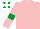 Silk - Pink, emerald green armlets, white cap, emerald green spots