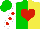 Silk - Green and yellow halved, red heart, red spots on white sleeves