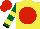 Silk - Yellow, red disc, forest green four leaf clover, sleeves red, yellow hooped, black cuffs, cap forest green
