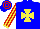 Silk - Blue,yellow maltese cross, yellow and red striped sleeves, yellow cuffs, y and red hooped cap