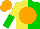 Silk - Yellow and green halved, orange disc, yellow and green halved sleeves ,orange cap