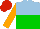 Silk - light blue and green halved horizontally, orange sleeves, red cap