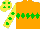 Silk - Orange,green diamond hoop,yellow sleeves,green spots,yellow cap,green spots