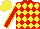 Silk - Red, yellow diamonds, yellow seams on sleeves, yellow cap