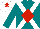 Silk - Teal ,white crossed sashes,red diamond, teal sleeves,white cap,red star