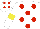 Silk - White, red spots, white sleeves, yellow armlets, white cap, red spots