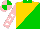 Silk - Gold,green diagonal halves,collar,pink sleeves,white stars,pink cap,green quarters