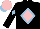 Silk - Black,pink diamond,light blue diamond frame, black sleeves,light blue diamond,pink cap,light blue peak