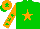 Silk - Green, orange star, orange sleeves, green stars, orange cap , green peak, green star